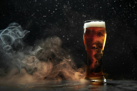 glass of beer on dark background with smoke, fog and black backgroundの素材