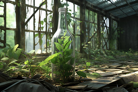 Green plant in glass bottle in the forest,3d rendering.の素材