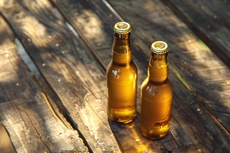 Beer bottles on a wooden table with sunlight. Close up view.の素材