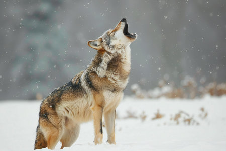 Walking wolf in winter forest. Canis lupus.の素材