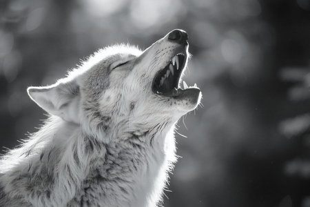 Portrait of a wolf howling in the forest. Black and white.の素材