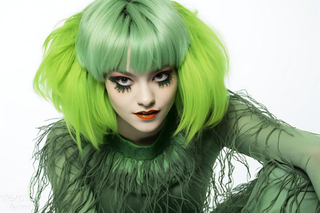 Portrait of a girl with green hair and bright make-upの素材