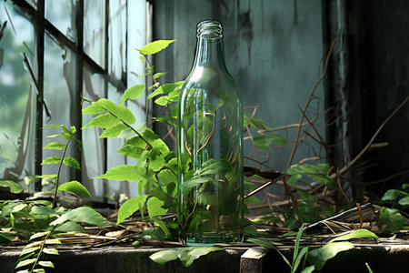 Glass bottle with green leaves on rustic background. 3d renderingの素材