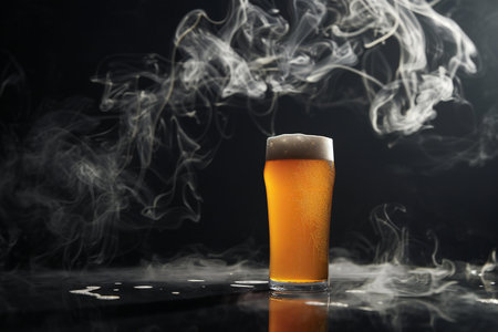 glass of beer on a black background with smoke, close-upの素材