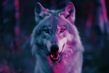 Portrait of a wolf in the forest at night. Animal portrait.の素材
