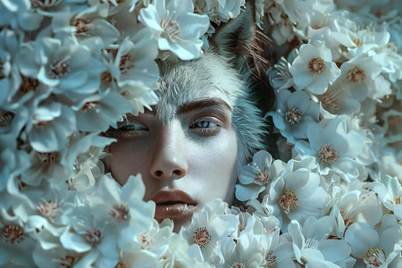 Portrait of a beautiful young woman with white flowers in her hairの素材