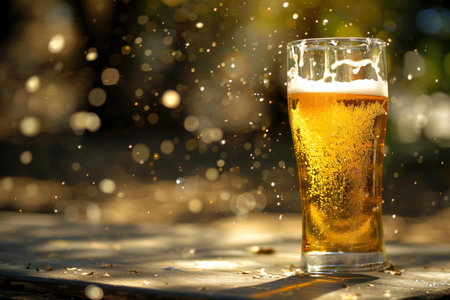 Glass of beer on the table in the garden with bokeh backgroundの素材