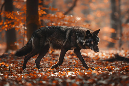 Black wolf walking in the autumn forest. Wildlife scene from nature.の素材