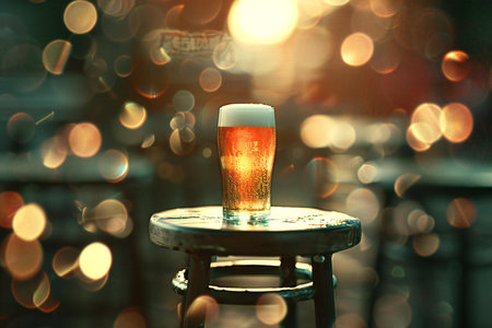 Glass of beer on a wooden table in a pub with bokeh backgroundの素材