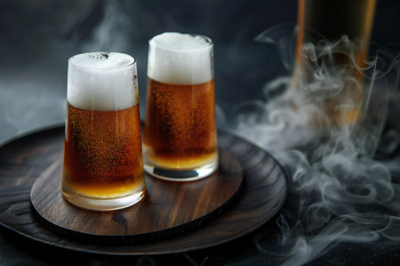 Two glasses of beer with smoke on dark background. Selective focus.の素材