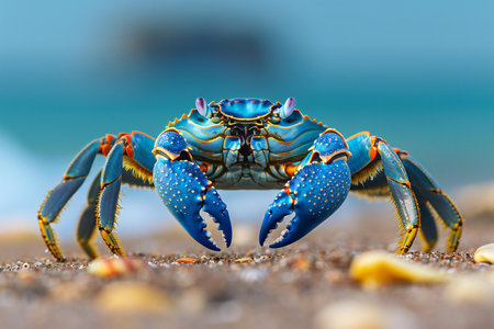 Blue sea crab on the beach. Close-up, selective focusの素材