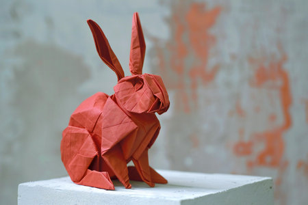 Rabbit origami from paper on the background of a brick wallの素材