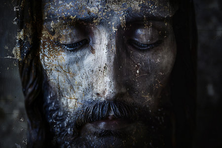 Close-up portrait of Jesus Christ with dirty face. Dark background.の素材