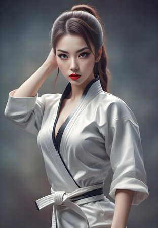 Portrait of a beautiful young woman in kimono on gray background.の素材