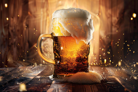 Mug of beer with foam on wooden background with bokeh effectの素材