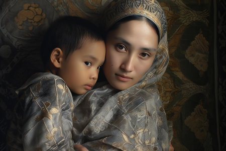 Portrait of Asian muslim mother and son in the bedroom.の素材