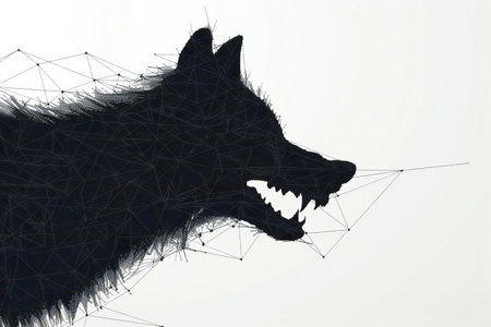 Silhouette of a wolf on a white background with a network connectionの素材
