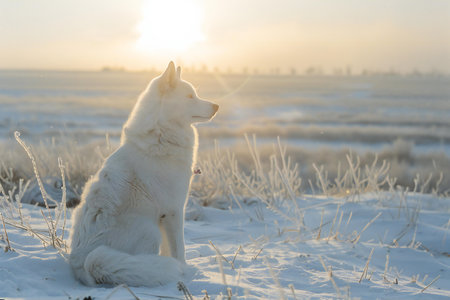 Siberian husky sitting on the snow at sunset in winterの素材