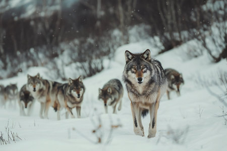 A pack of wolves in the snowy forest. Canis lupus lupus.の素材
