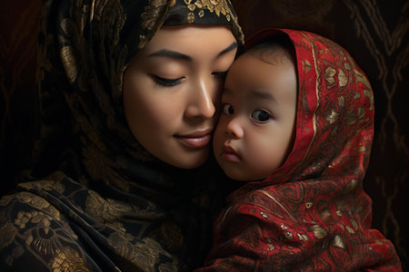 Portrait of beautiful asian muslim mother with her baby.の素材