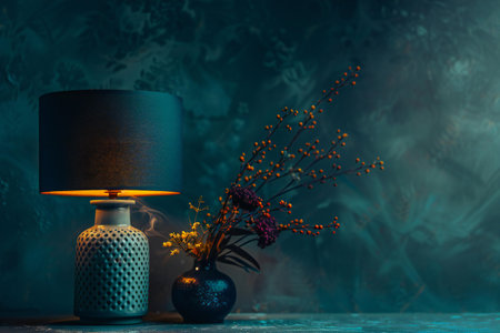 Vintage still life with lamp and dry flowers on dark blue backgroundの素材