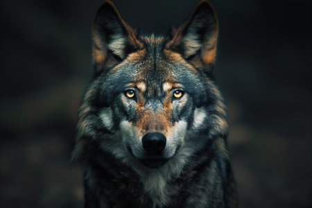Portrait of a wolf on a dark background in the forest.の素材