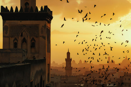sunset over the mosque in morocco, beautiful photo digital pictureの素材