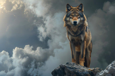 3D rendering of a wolf sitting on a rock with clouds in the backgroundの素材