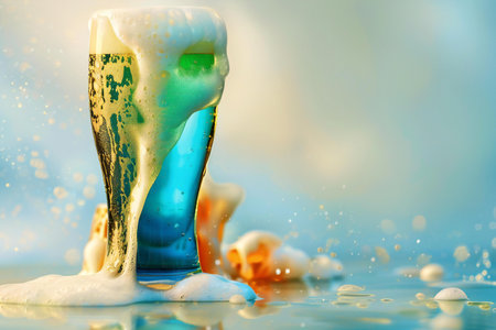 glass of beer with foam on a blue background, close-upの素材