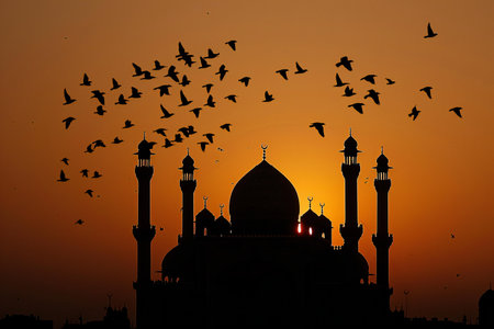 Silhouette of mosque with flying flock of birds at sunset.の素材