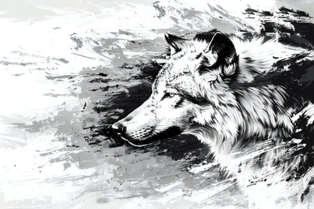 Wolf head art illustration grunge painting black and white drawing style.の素材