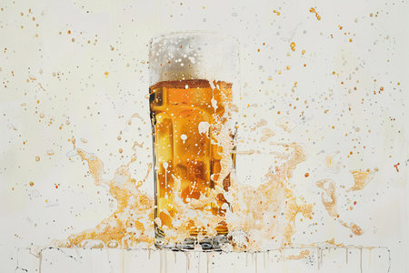 Beer splashing out of a glass isolated on a white background.の素材