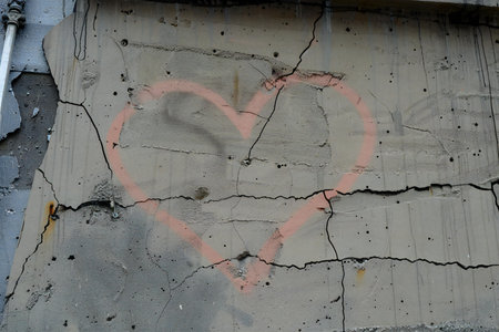 heart painted on the wall of an abandoned building, symbol of loveの素材