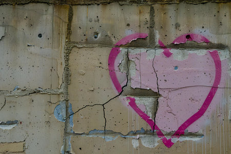The old wall, painted in pink and grey, with a heart.の素材