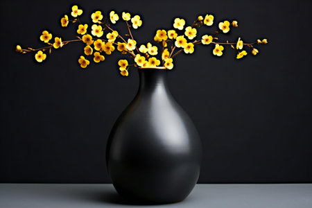 Black vase with yellow flowers on black background. 3d renderingの素材