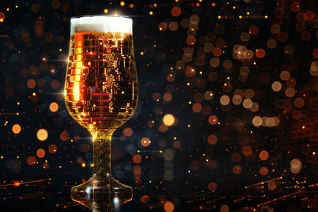 glass of beer with bokeh lights on dark background, celebration conceptの素材