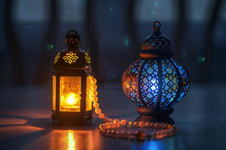 Ramadan Kareem greeting card. Ramadan lanterns on wooden tableの素材