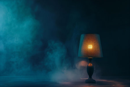 Vintage lamp on wooden table in dark room with smoke. Copy spaceの素材
