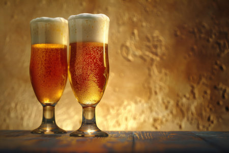 Two glasses of beer on a wooden table. Close-up.の素材