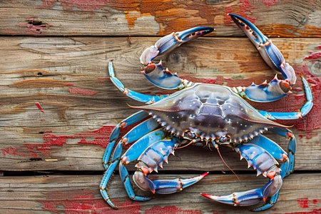 Blue crab on wooden background. Seafood. Top view. Copy space.の素材