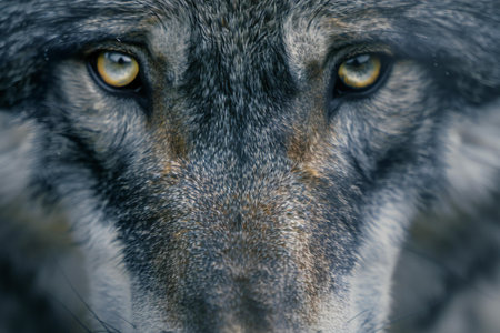 Portrait of a wolf with yellow eyes. Close-up.の素材