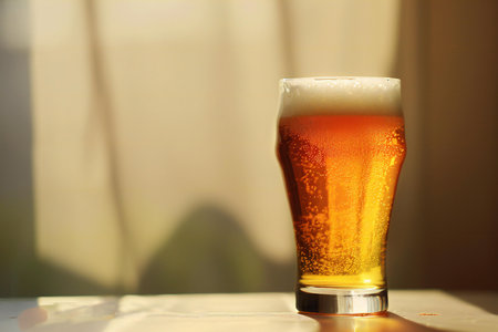 Glass of beer on the table in a pub. Shallow depth of fieldの素材