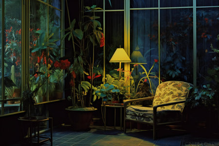 Interior of a cozy room with plants, flowers and furniture.の素材
