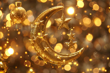 Golden crescent moon and star on bokeh background for christmasの素材