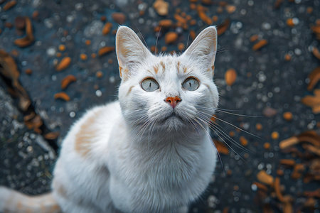 Portrait of a white cat with blue eyes on the street.の素材