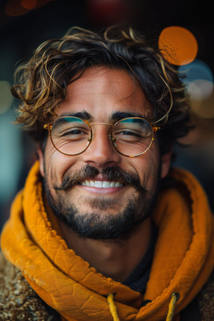 Portrait of handsome bearded man with eyeglasses in the cityの素材