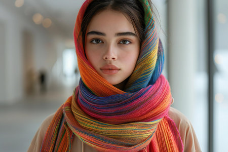 Portrait of a beautiful young muslim woman with colorful scarf.の素材