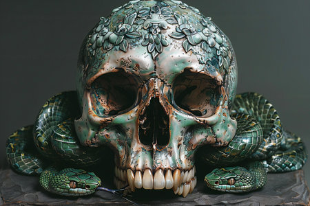 Skull with green snake on a black background. Halloween concept.の素材