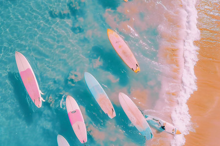 Aerial view of surfers with surfboards on the beach.の素材
