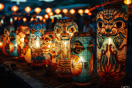 Traditional japanese lanterns at night market in Kyoto, Japanの素材